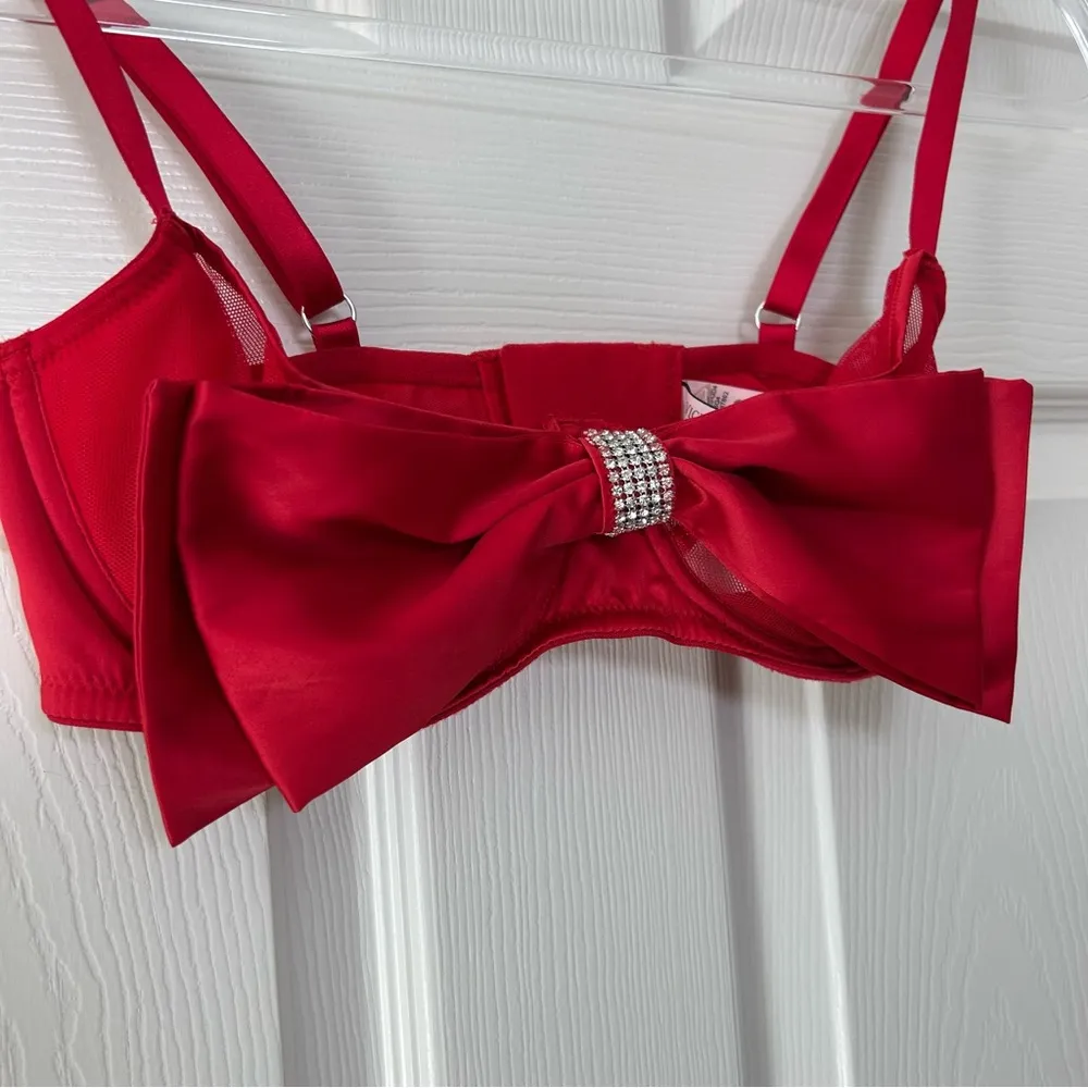 Victoria's Secret 34D Dream Angels Red Satin Bow Bling Sling Push Up Bra - Image 4