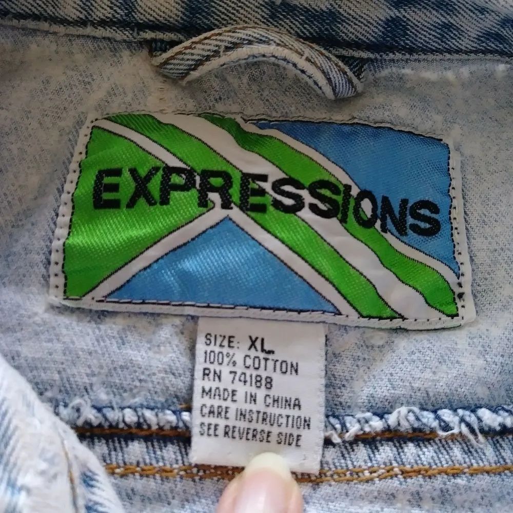 Vintage Acid Wash Distressed Ripped Denim Jacket Blue Size XL - Image 7