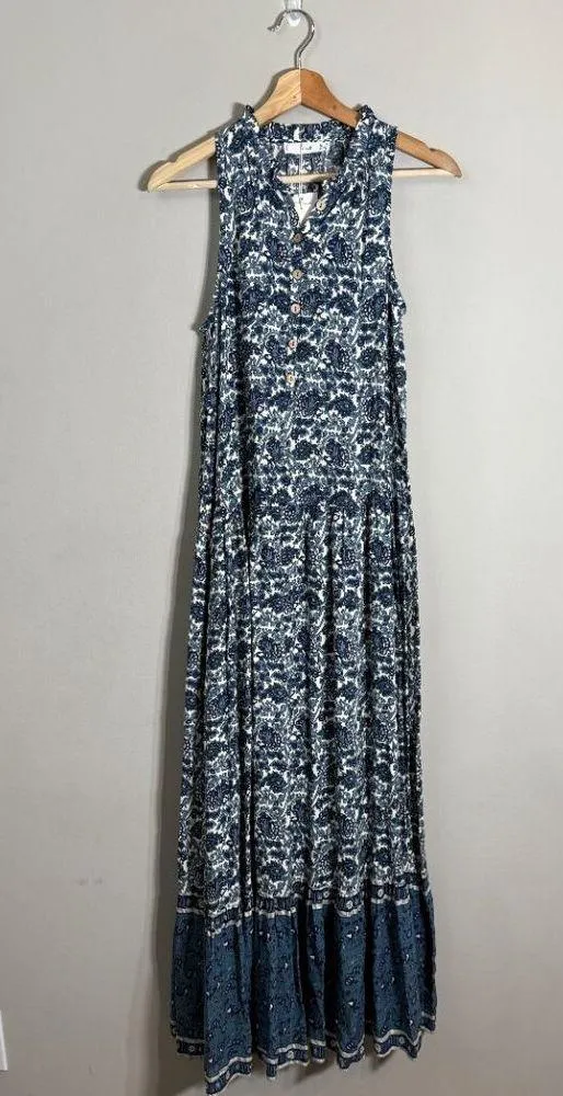 Mango Floral Paisley Print Button Up Tiered Maxi Dress Women's 2 Blue White NWT - Image 4