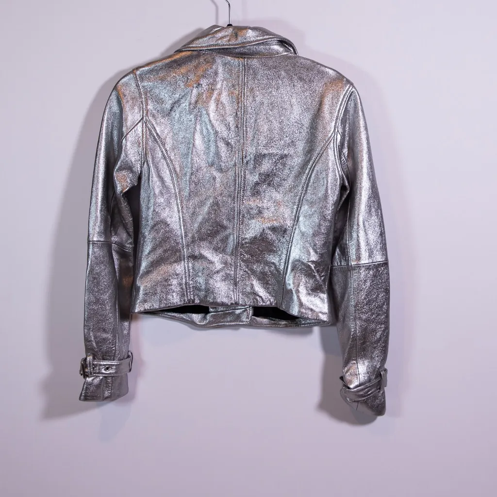NEW Paige Ashby Metallic Genuine Leather Full Zip Motorcycle Jacket Silver XS - Image 4