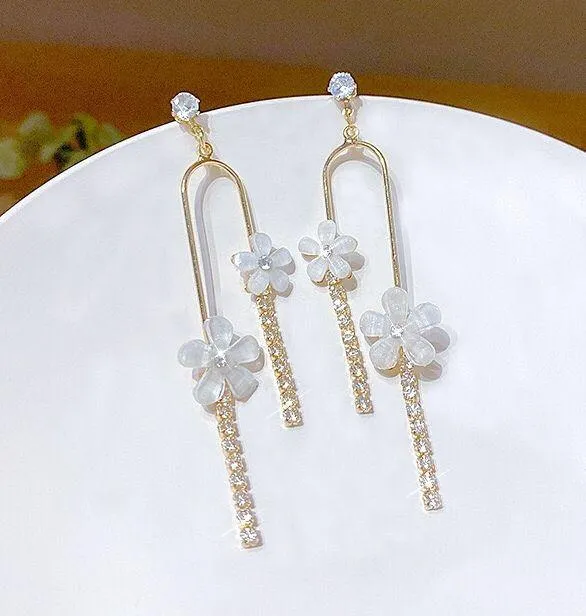 Women's Crystal Flower Dangle Drop Earrings Gold - Image 2