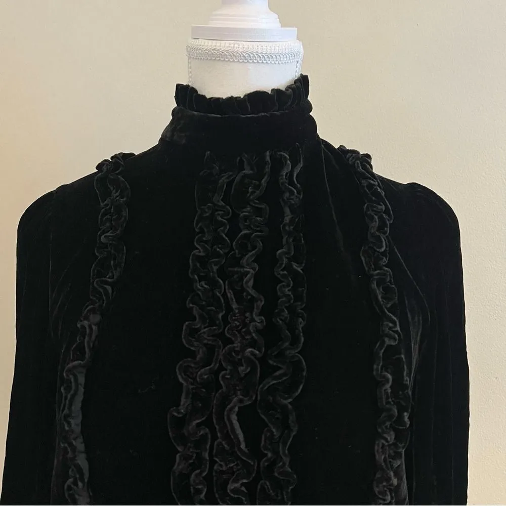 FRAME Victorian Velvet Ruffle Blouse Black  High Neck Size Small - Image 6