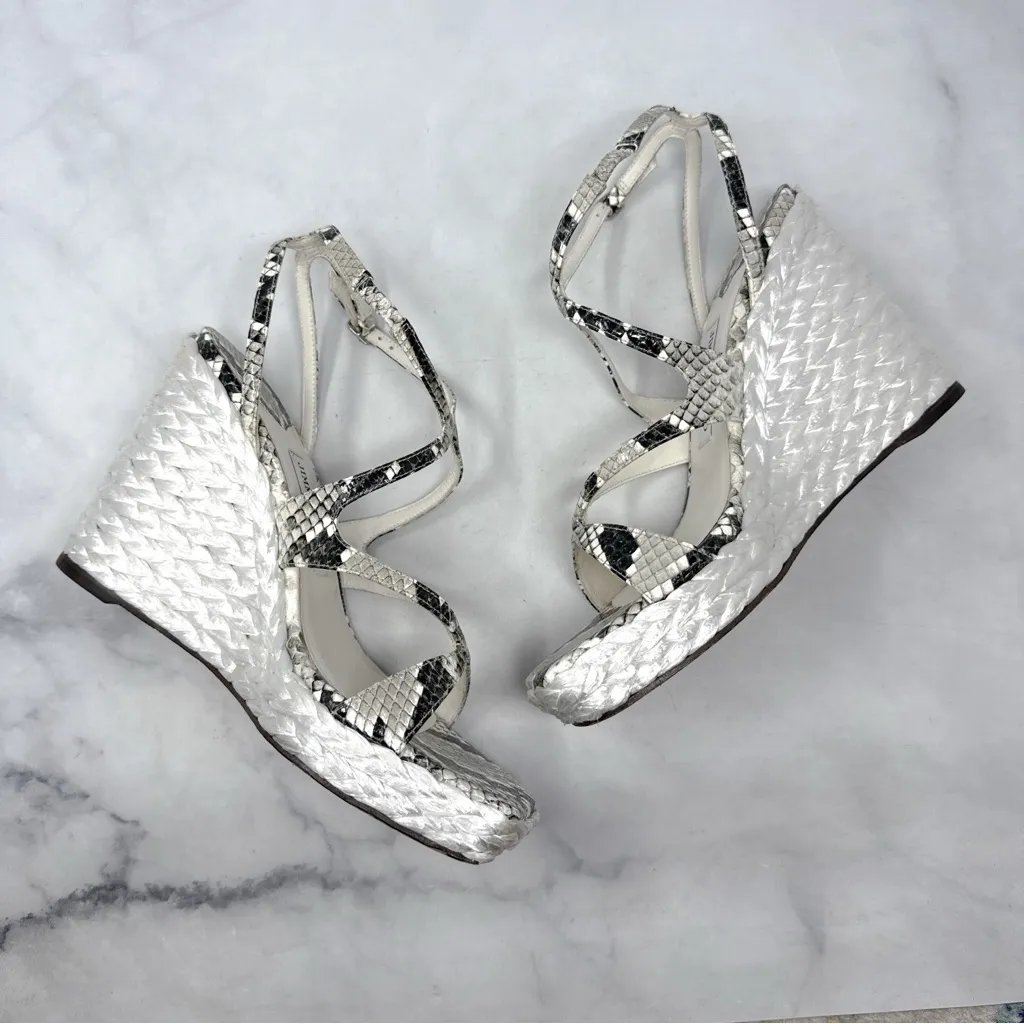 Jimmy Choo Ayla 110 Snakeskin Leather Raffia Strappy Platform Wedge Sandals 39 - Image 6
