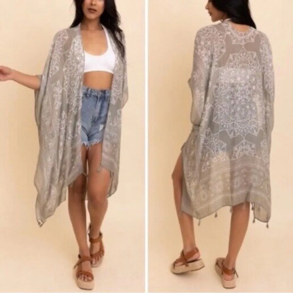 NWT Macchia di Ruggine Open Kimono Wearable Scarf in Gray Mandala Print - Image 2