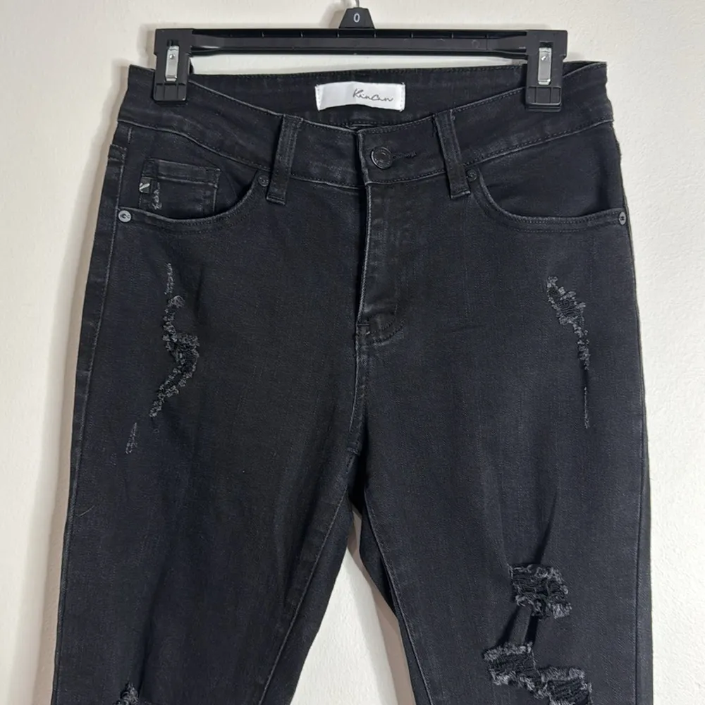 KanCan Hazy Mid Rise Ankle Skinny Jeans Distressed Fringe Hem Black Wash size 27 - Image 4