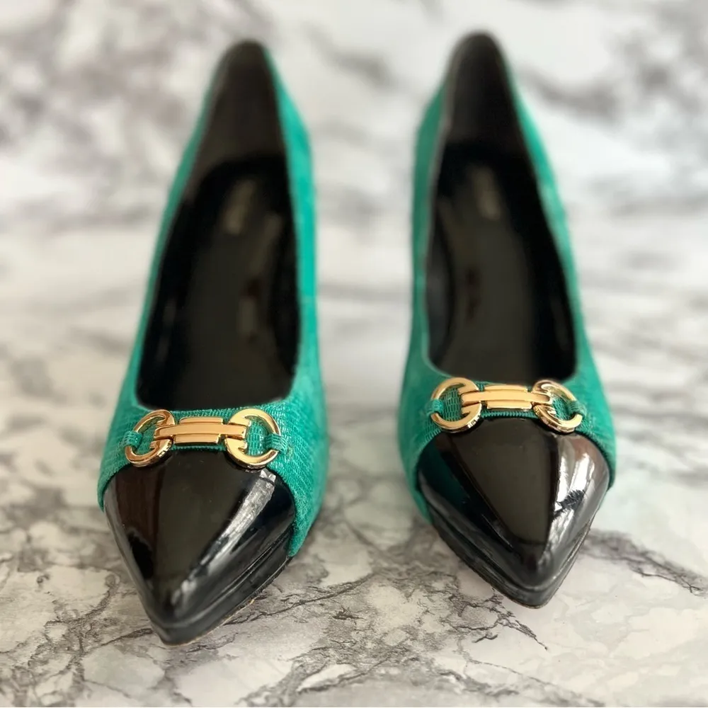 WHBM Samantha Pumps Green Colorblock Patent Leather Embossed Heels 8.5 - Image 5