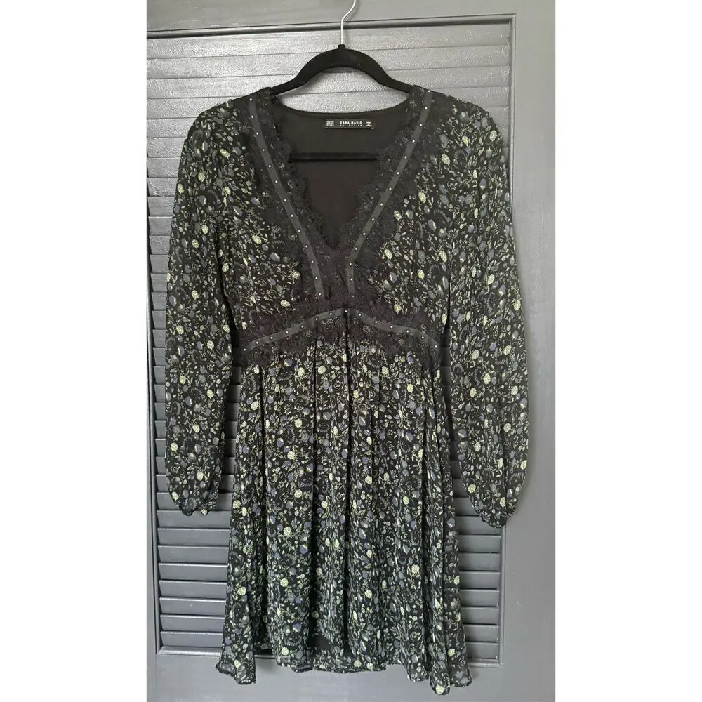 Zara XS Floral Lace V Neck Long Sleeve Mini Dress - Image 3