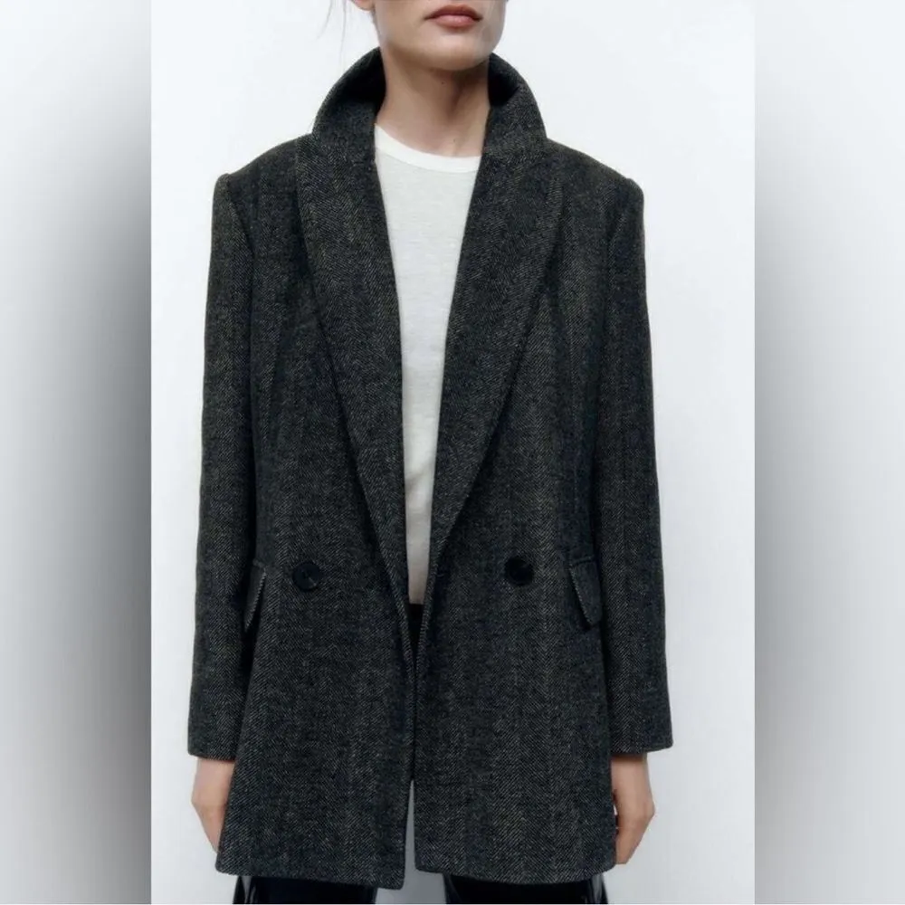 Zara Black/Gray Removable Faux Fur Collar Blazer/Jacket(Size Medium) - Image 5