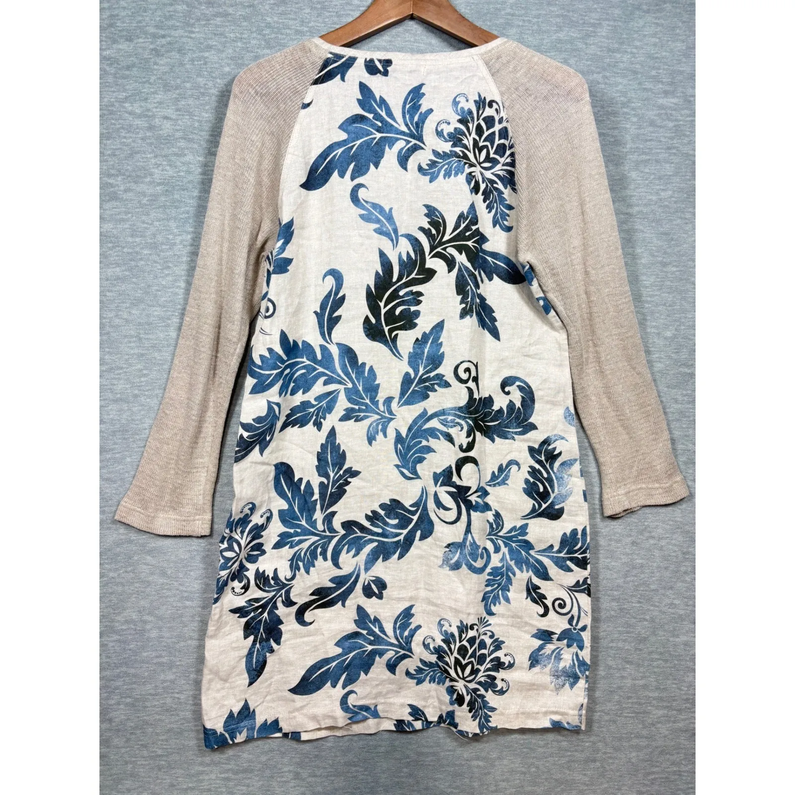 iLinen Dress S 100% Linen Floral Print Long Sleeve Tunic Blue Floral Natural Tan - Image 5
