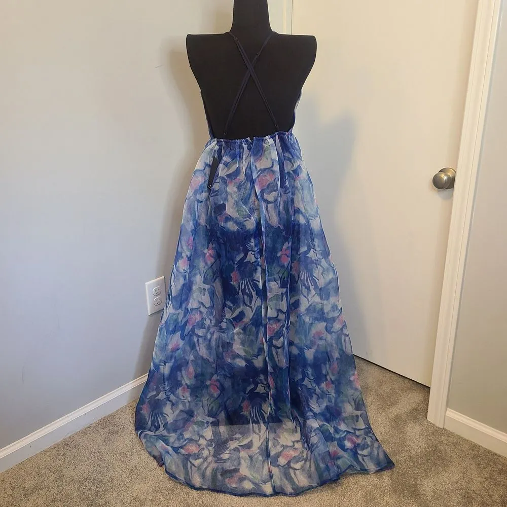 LULU'S Bloom Wildly Maxi Dress Navy Blue Floral Organza Sleeveless Size Small - Image 6