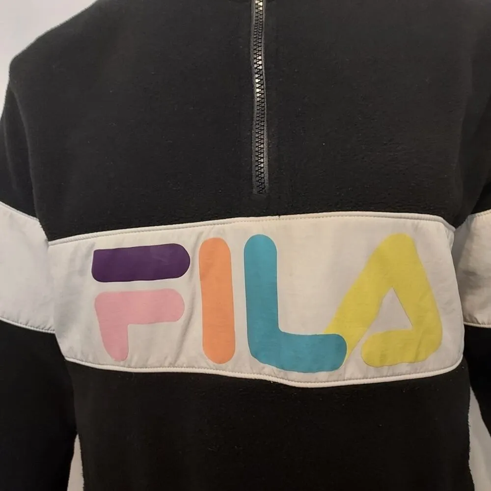 FILA Retro 80's Black Neon Colors White Fleece Quarter Zip Pullover Ski Sweater - Image 6