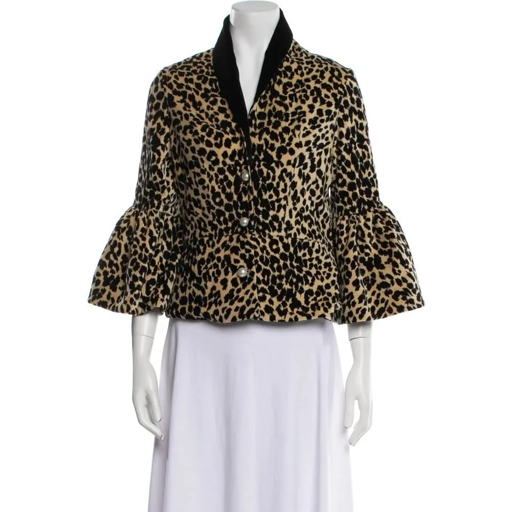Batsheva Jacket Womens 2 Leopard Animal Print Bell Sleeves Velvet Artsy Cropped Brown - Image 15