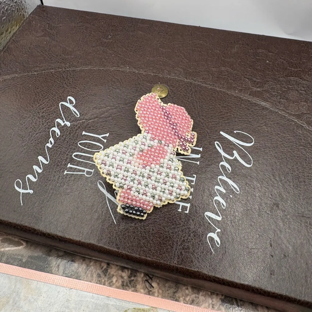 Beaded Folk Art Woman Brooch Handmade Vintage Pink - Image 2