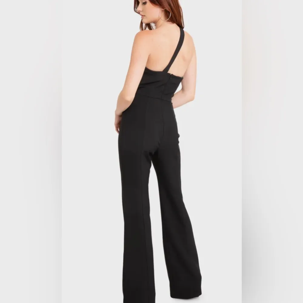 Black Halo Brew One‑Shoulder Jumpsuit Black Tailored Flare Size 8 NWT - Image 2
