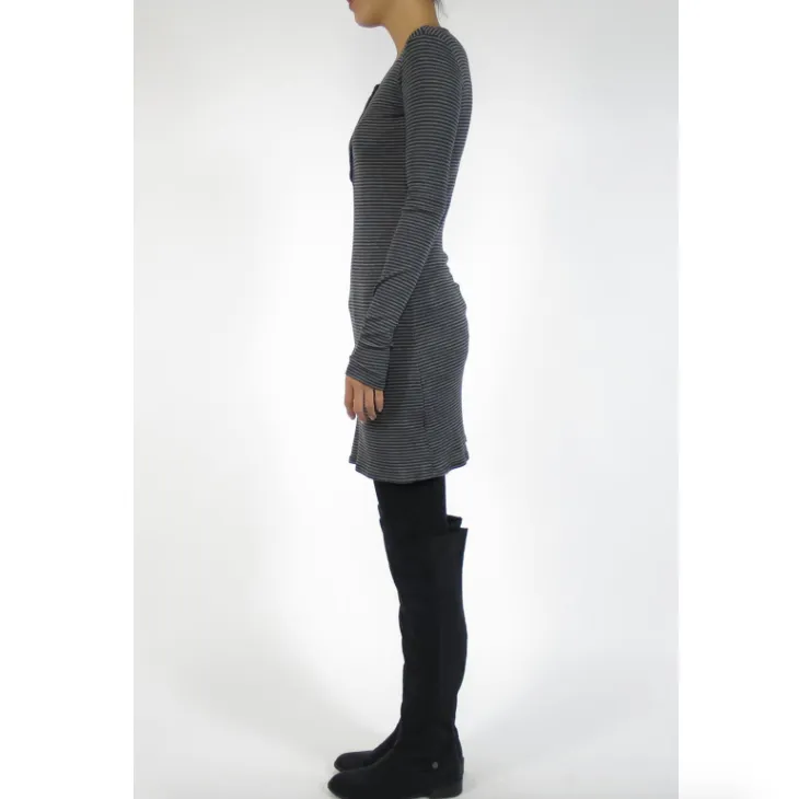 New  Striped Ribbed Knit Long Sleeve Henley Mini Dress Navy Grey - Image 5