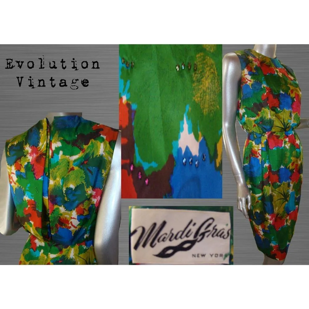 Vintage 1960s Primary Colored Floral Silk Dress Mardi Gras New York Small - Image 5