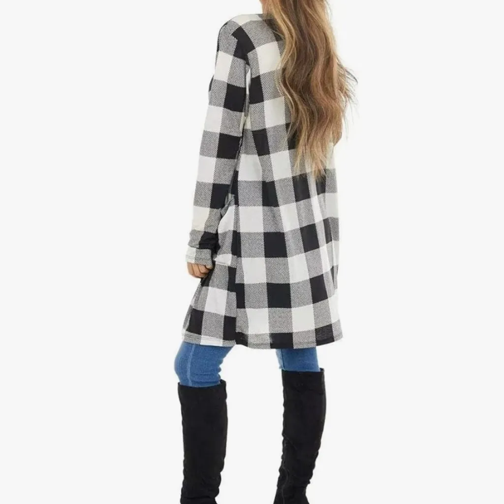 Open Front Long Draped Buffalo Plaid Cardigan Black - Image 10