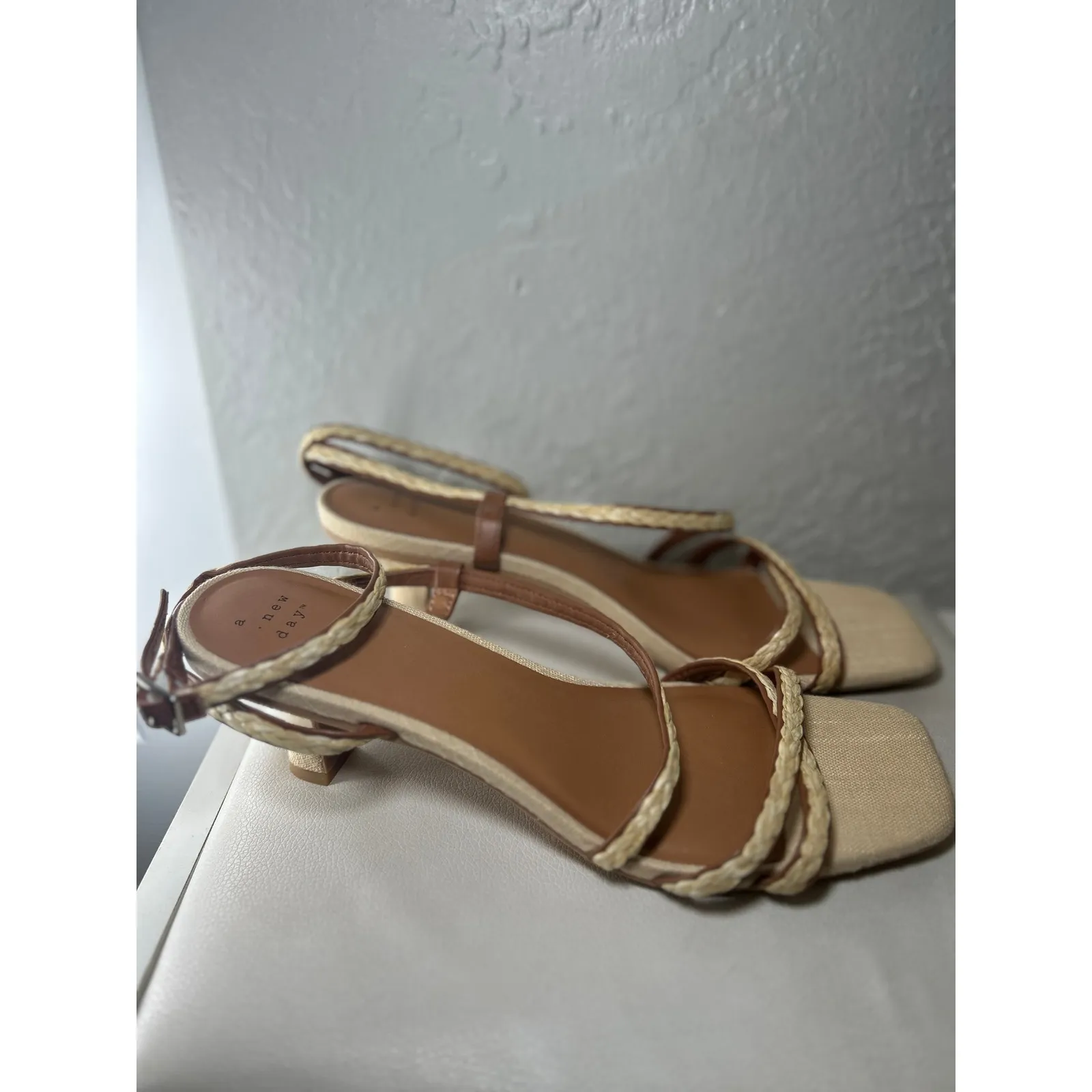 A New Day Women's Ankle Strap Kitten Heeled Sandals Square Toe Braided Tan Beige - Image 3