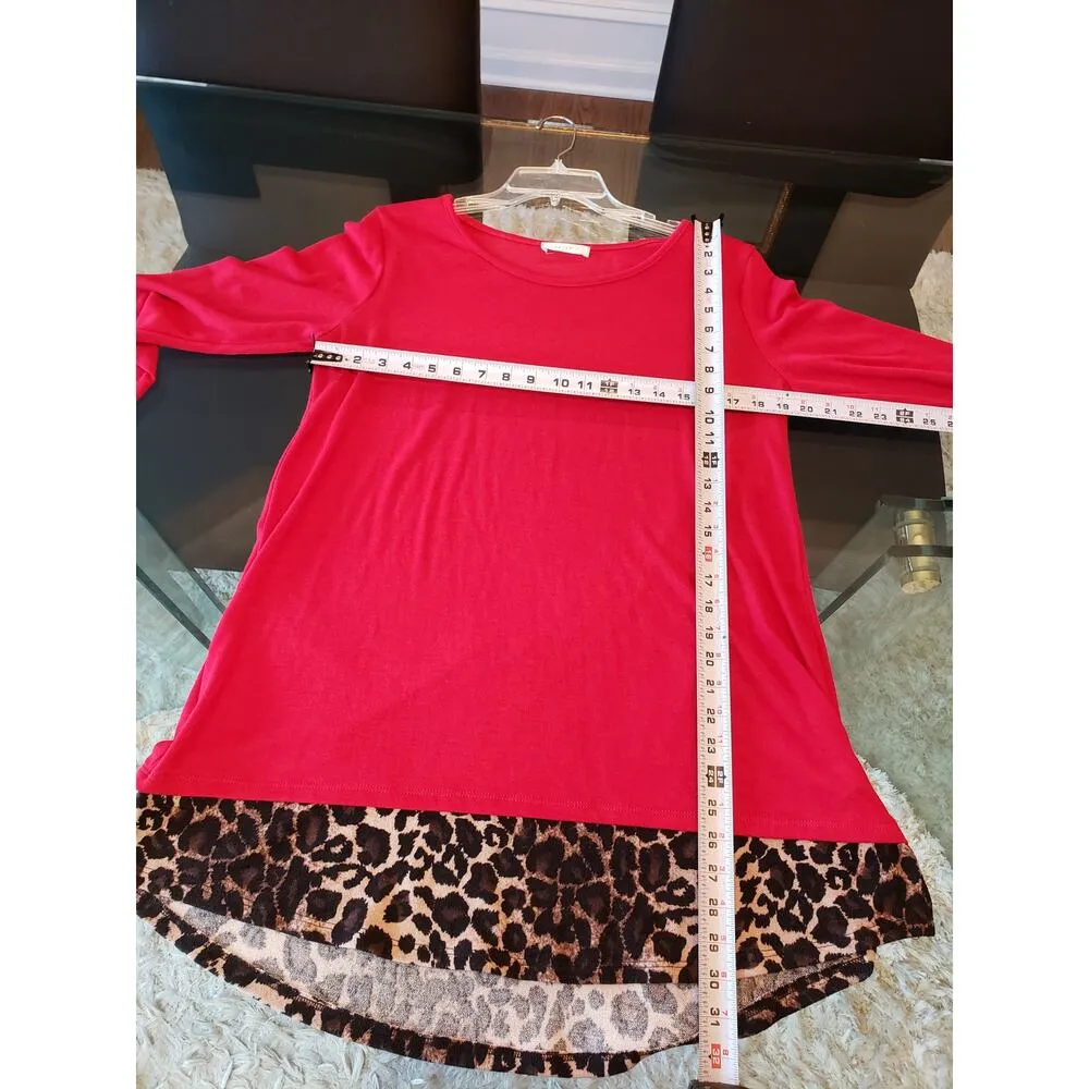 Reborn J Top Blouse Women's Large Red Animal Print Long Sleeve Round Neck Slit - Image 6