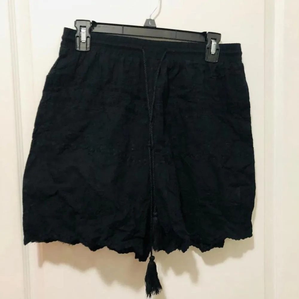 Solitaire Women's Shorts Eyelet Tassel‎ Tie Elastic Waist Casual Black Large NWT - Image 2