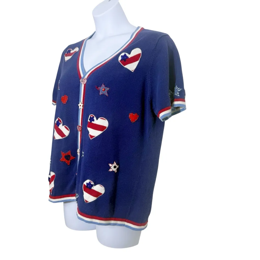 Storybook Knits Patriotic Heart Star Button Front Cardigan Sweater Top‎ Size 1X Blue - Image 4