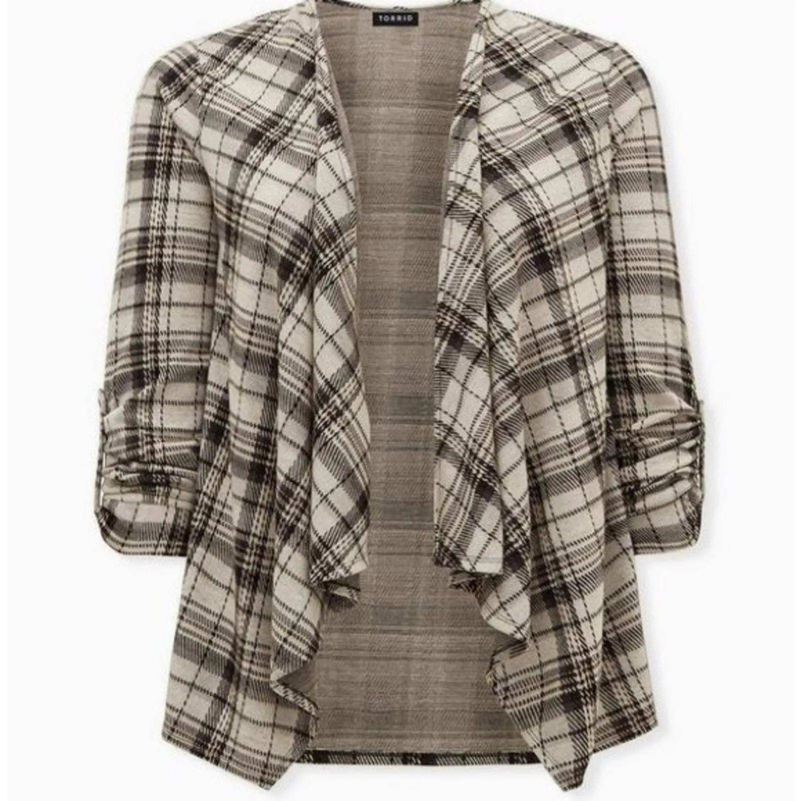Torrid  00 Women’s Black &‎ Ivory Plaid Drape Jacket Size Medium - Image 5