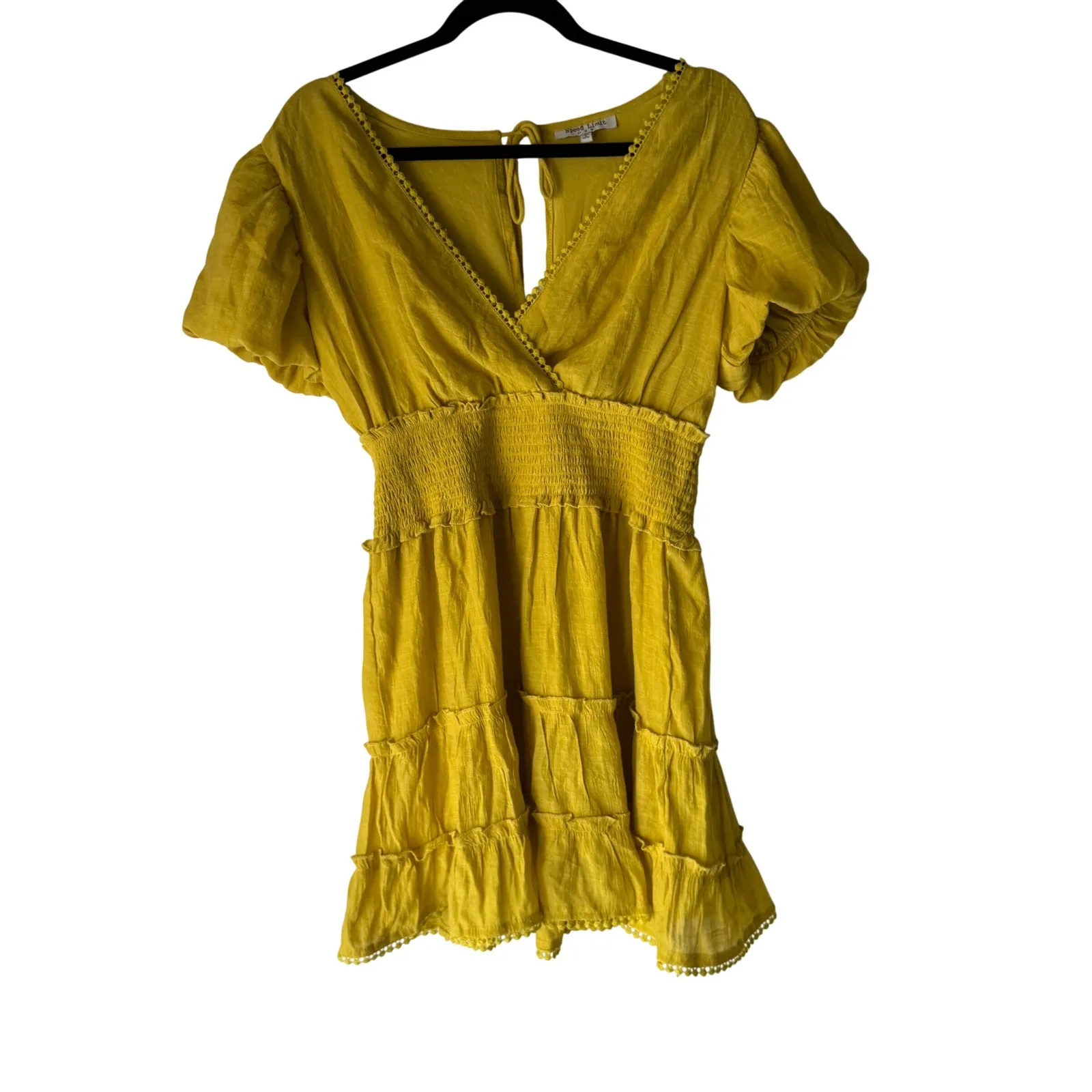 Speed Limit Yellow Smocked Tiered Mini Dress Puff Sl V Neck Ruffle Boho Cottage - Image 2