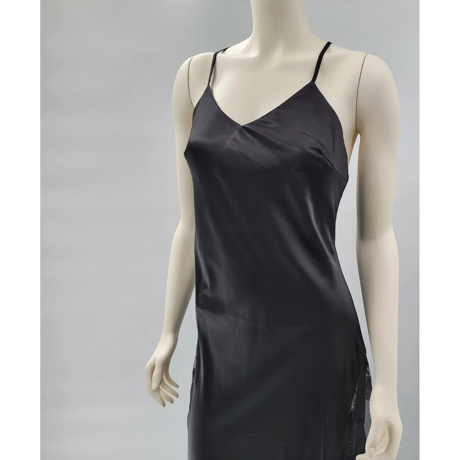 HHQ Maxi Slip Dress Size M Black Satin Lace Trim Spaghetti Strap Sexy NWT Size M - Image 10