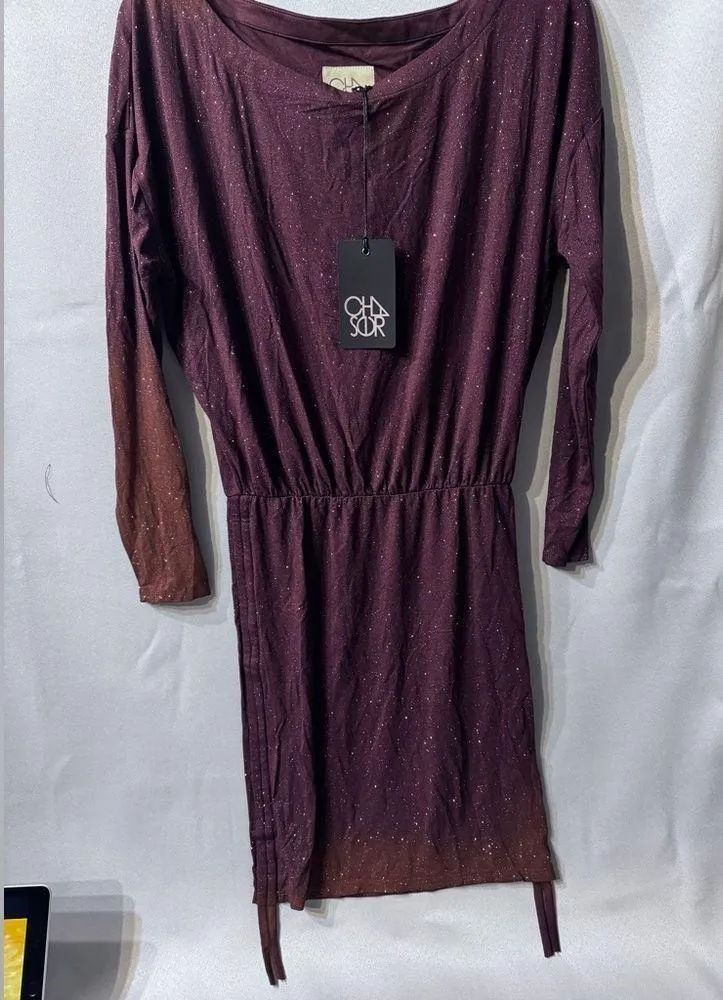 Chaser Sparkle Mini Drop Shoulder Ruched Dress, maroon sparkly, size small NWT - Image 4