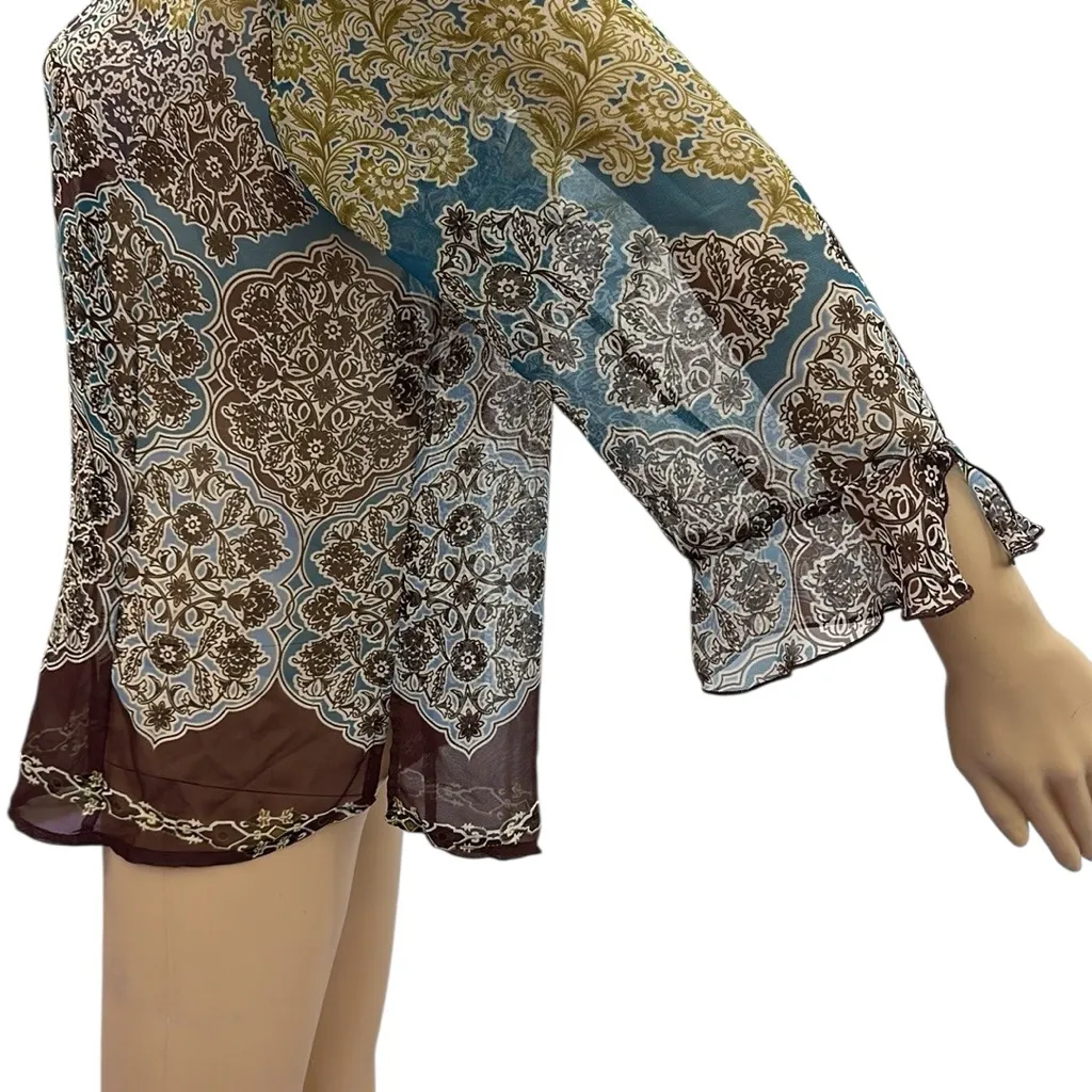 Nicola Vintage Semi Sheer Button Up 3 Quarter Sleeve Collared Print Blouse XL Brown - Image 7