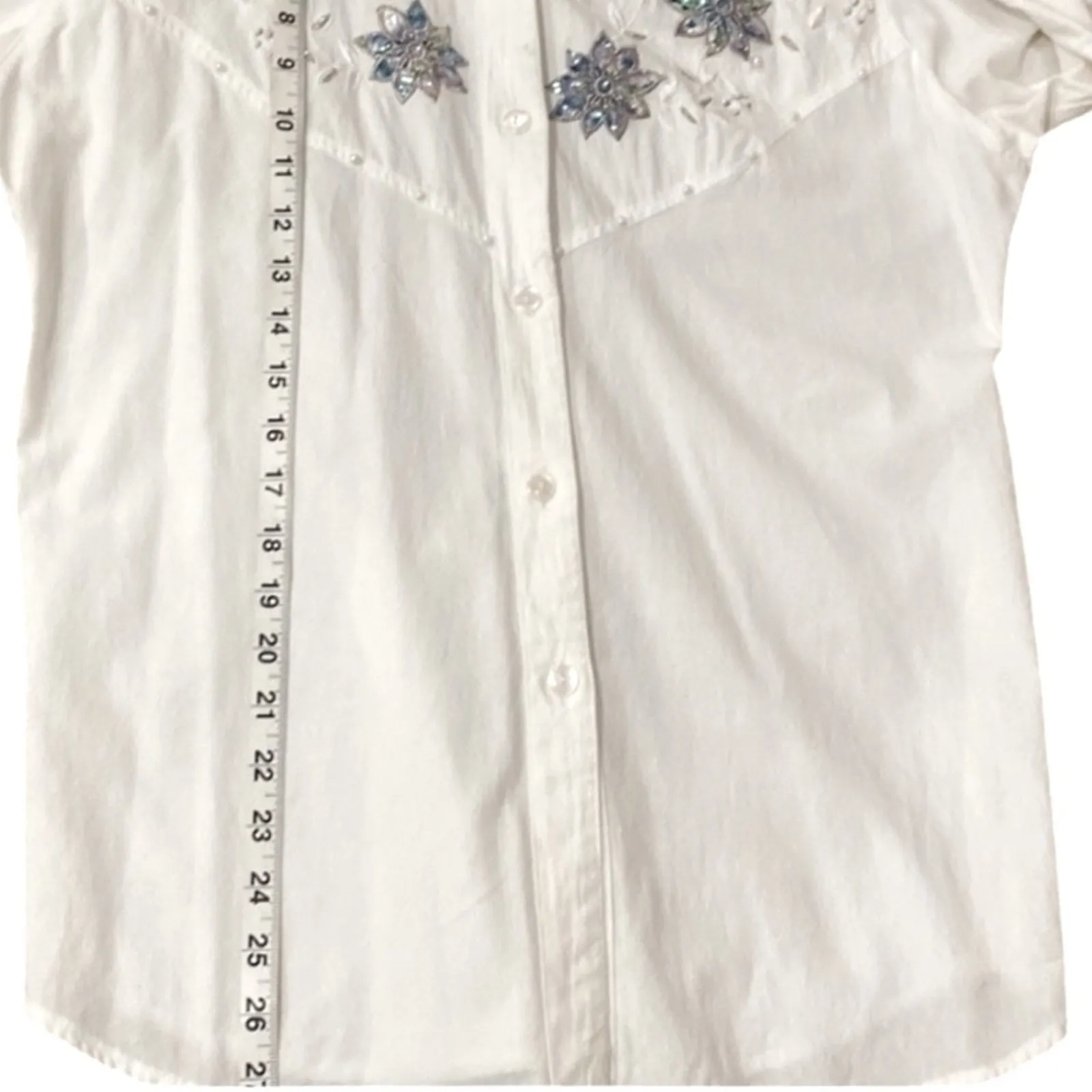 Vintage Womens Shirt Large Western Denim Chambray Embroidered Pearl Sequin Top White - Image 14