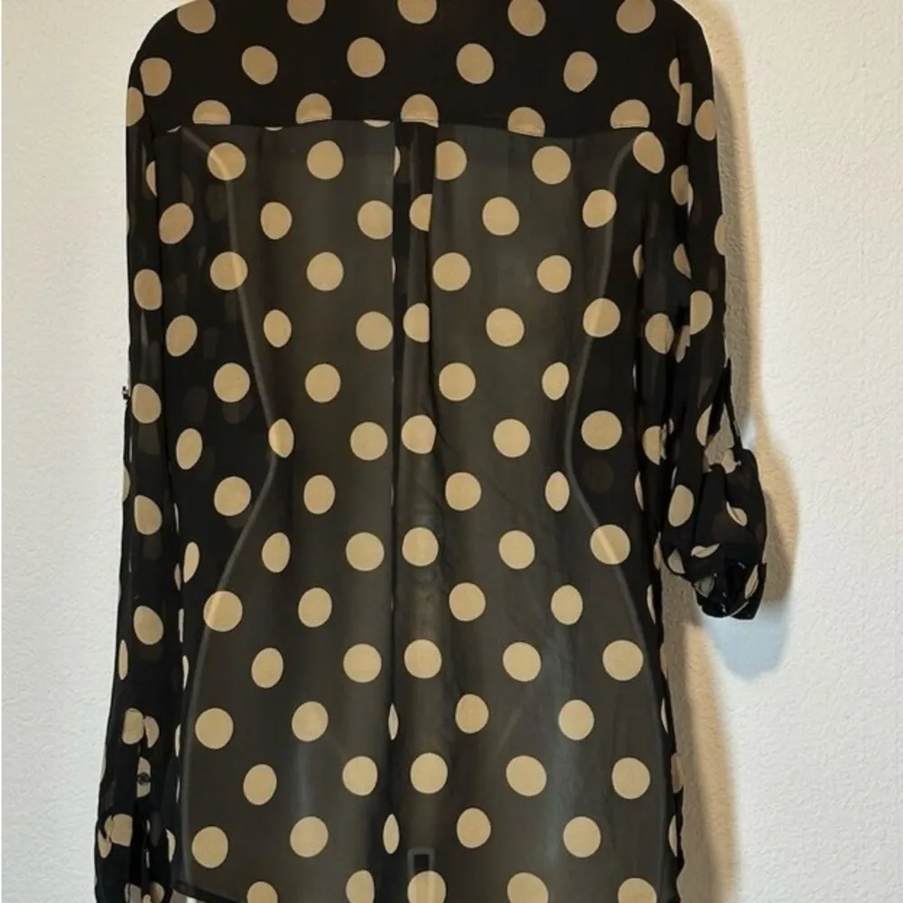 Express Portofino  Polka Dot Sheer Black and Tan button down blouse - Image 2