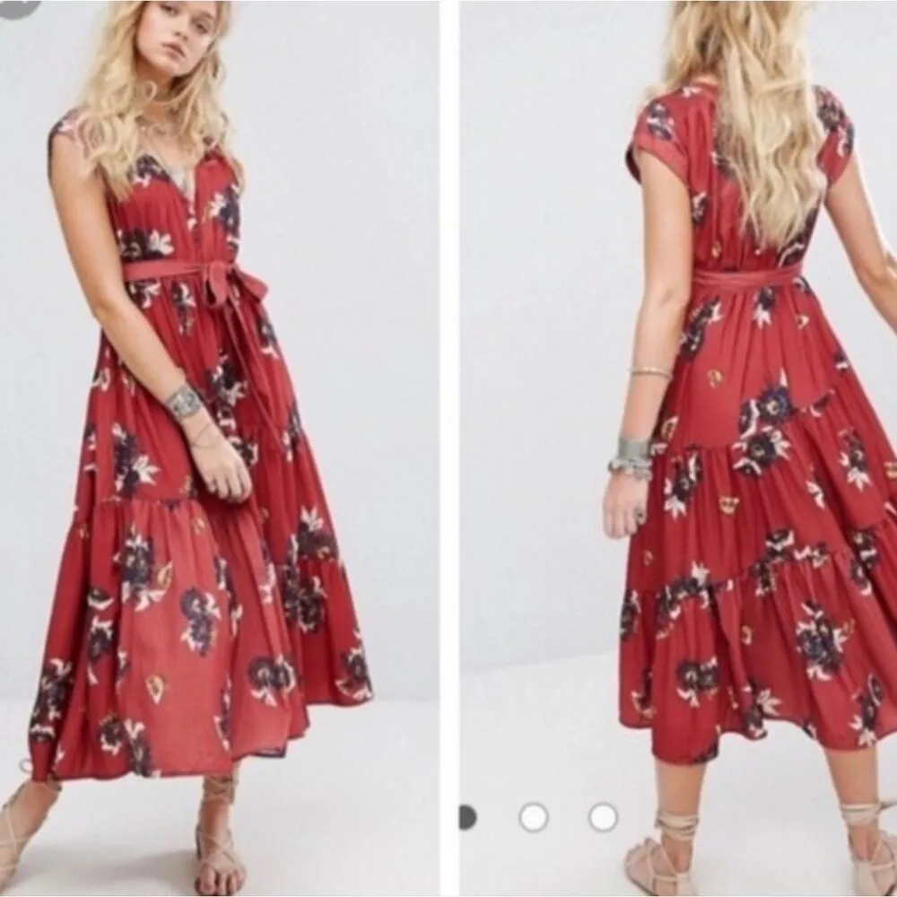 Free People All I Got Botanical Print Cap Sleeve Tiered Maxi Dress size 8 C8 - Image 4