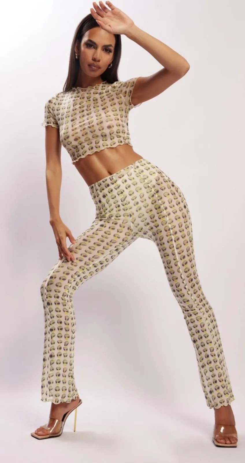 Meshki Nora Mesh Straight Leg Pant Sheer Alien Print Cream Green Size XL - Image 1