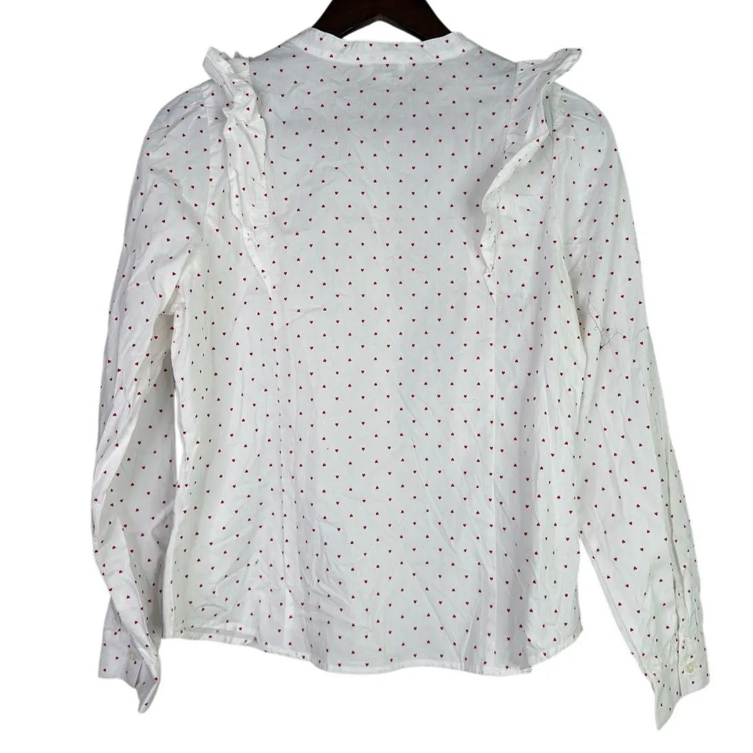 J.Crew Cotton Poplin Ruffle Heart Print Button Down LongSleeve Shirt M White Red - Image 14