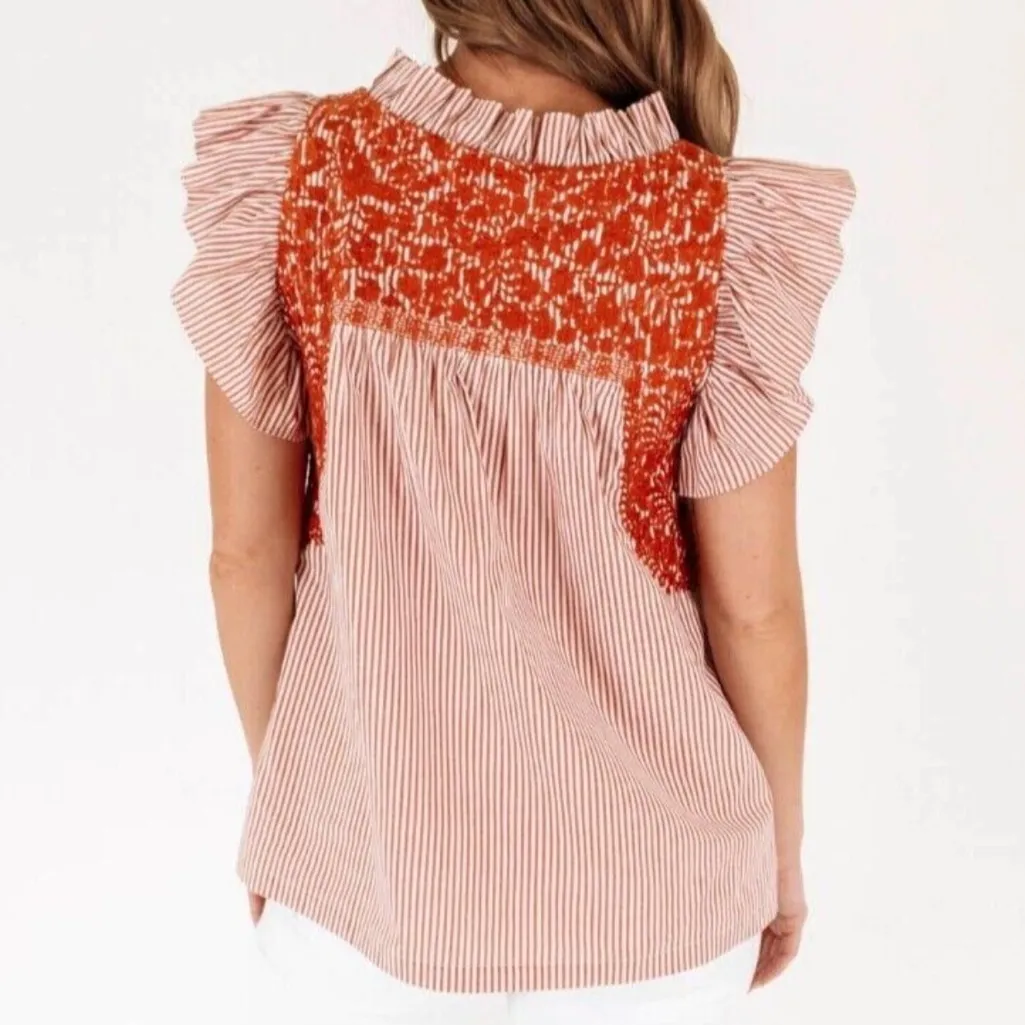 J. Marie Hope Striped Print Embroidered Jewel Neck Ruffle Top Sz M Size M - Image 2