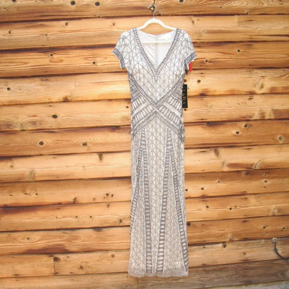 LARA Beaded V Neck Neckline Dress Gown Cap Sleeves Tan Size 6 - Image 5