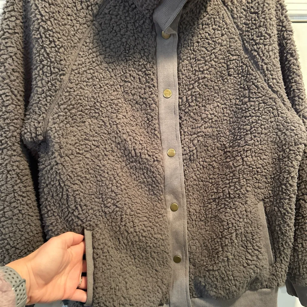 Merokeety Women’s Retro Deep Pile Teddy Bear Sherpa Fleece Jacket, Gray Sz Med - Image 4