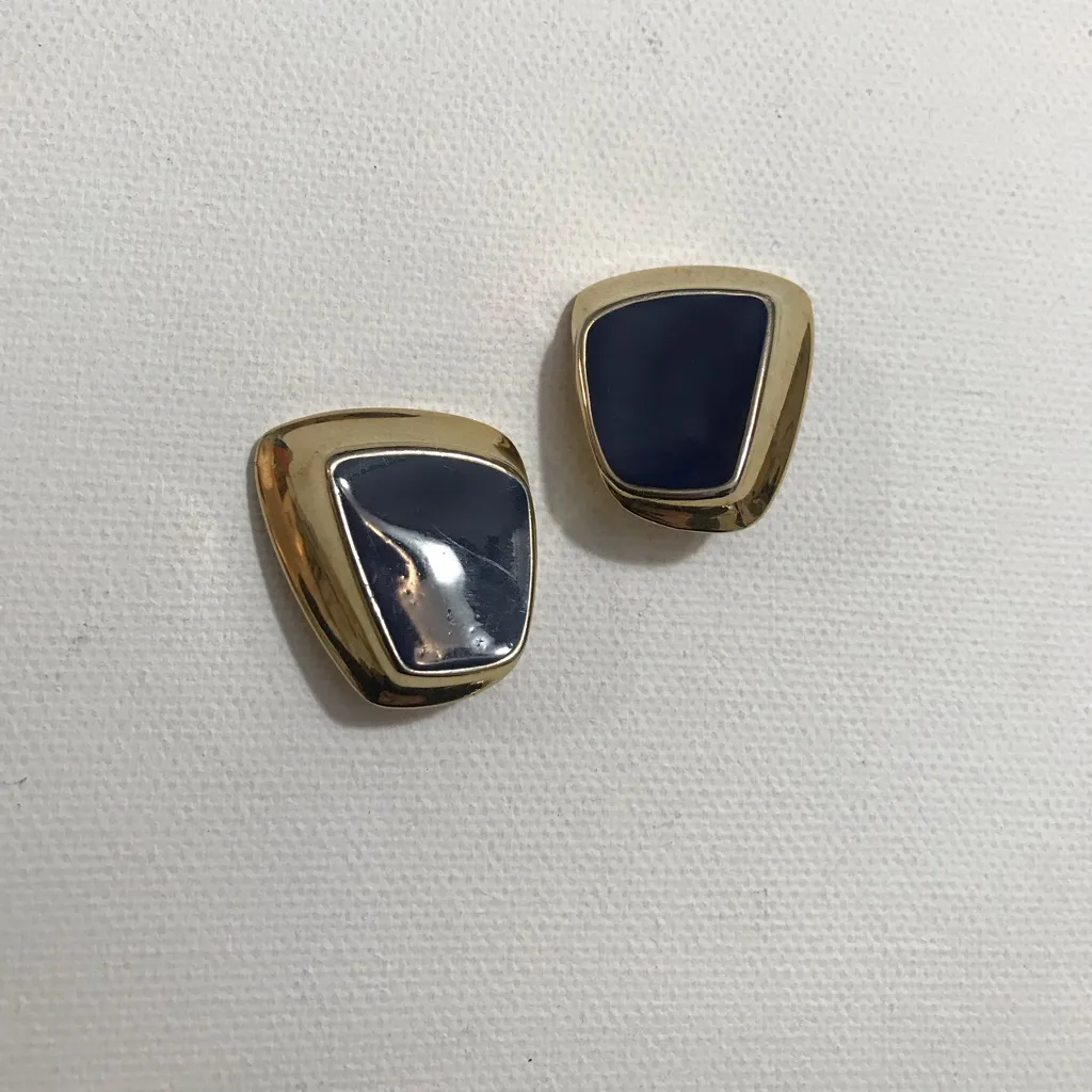 Statement Big Gold Tone Navy Blue Enamel Clip On Earrings - Image 2