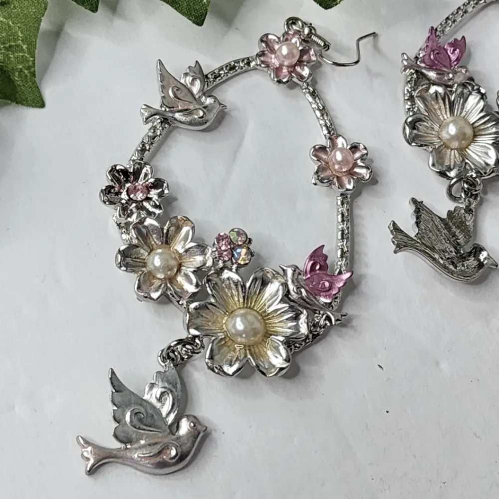 Statement Silver Drop Hoop Earrings with Flowers Doves Faux Pearls - Image 3