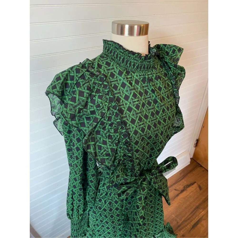 A Loves A Voile Lattice Print Cotton Long Sleeve Smocked Tie Maxi Dress - Image 7