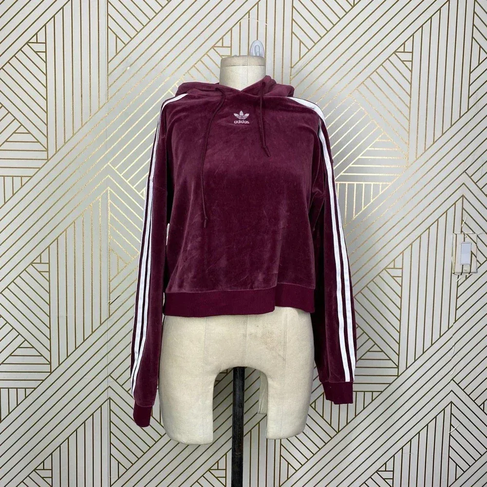 Adidas Originals Hoodie Sweatshirt Cropped Velour‎ Purple Red Size US Small - Image 3