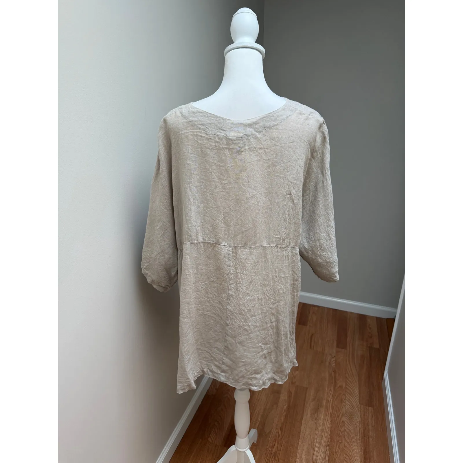 Match Point Linen Tunic Top Womens Medium Beige Natural Relaxed Fit Langenlook Black - Image 4