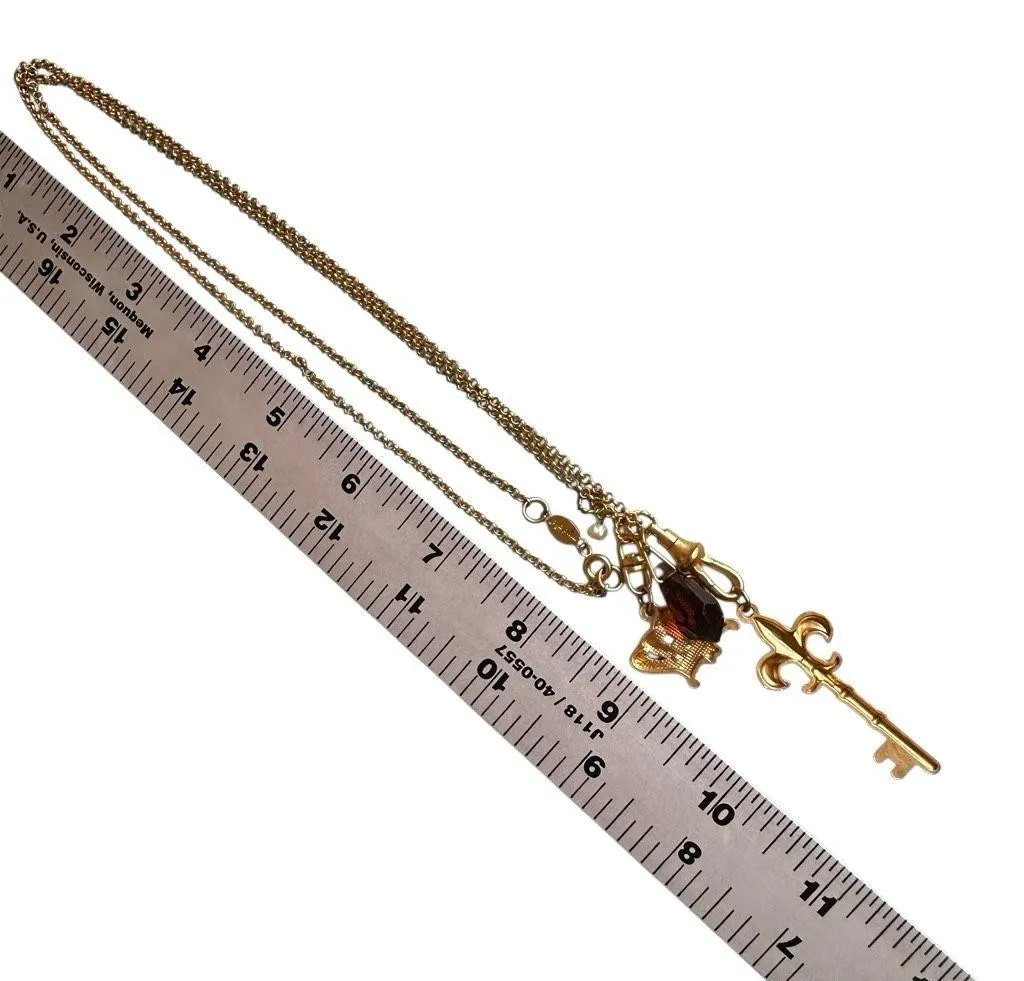 Mud Pie Gold Tone Charm Necklace Crown Key Fleur-de-Lis Purple Crystal - Image 7