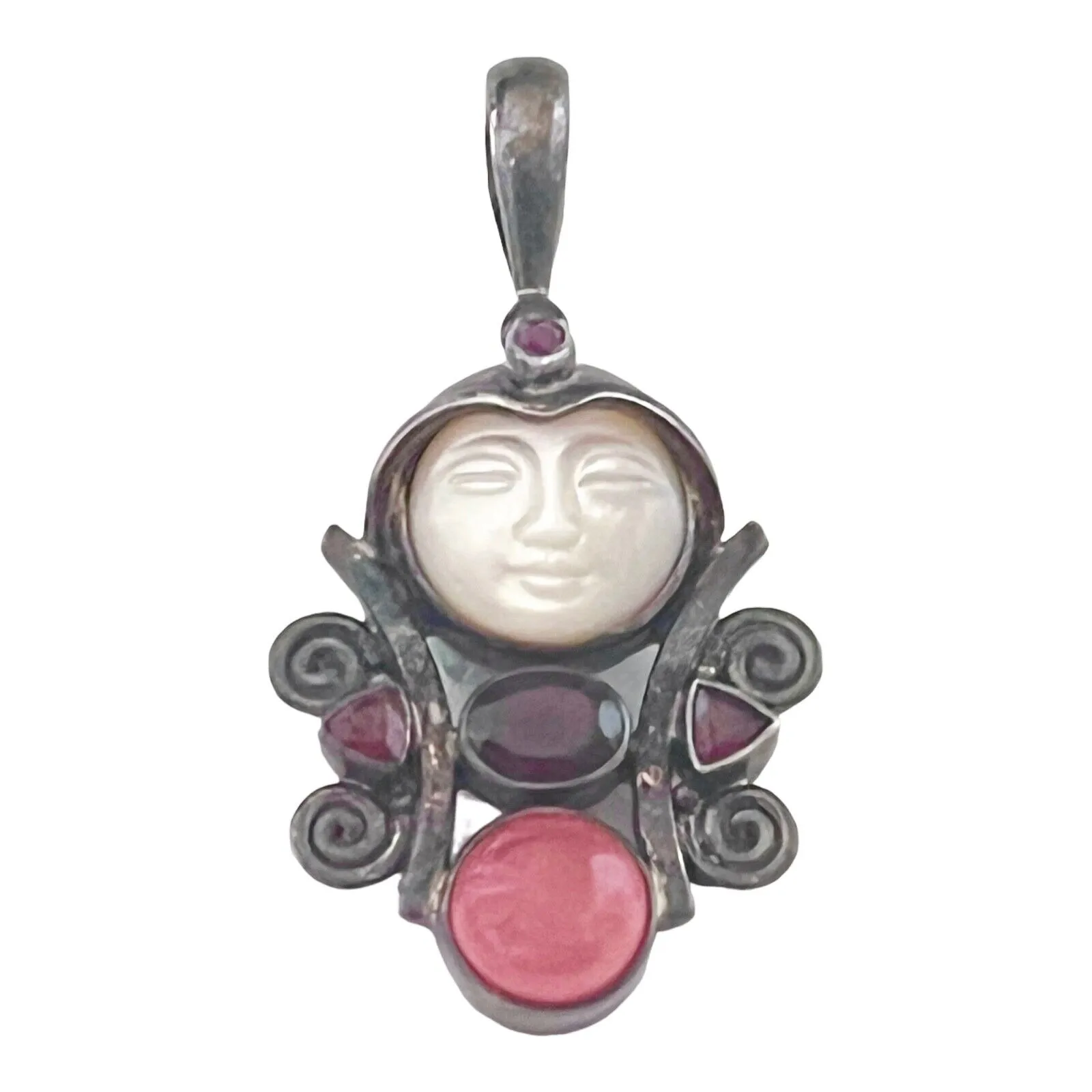 Sagen Silver Pendant Mother of Pearl Moon Face Garnet Ruby Peach Quartz Gemstone - Image 6