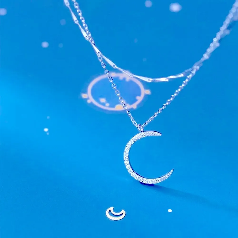 Sparkly Multilayer Moon Necklace, 16-18”‎ | White Gold Over 925 Sterling Silver - Image 2