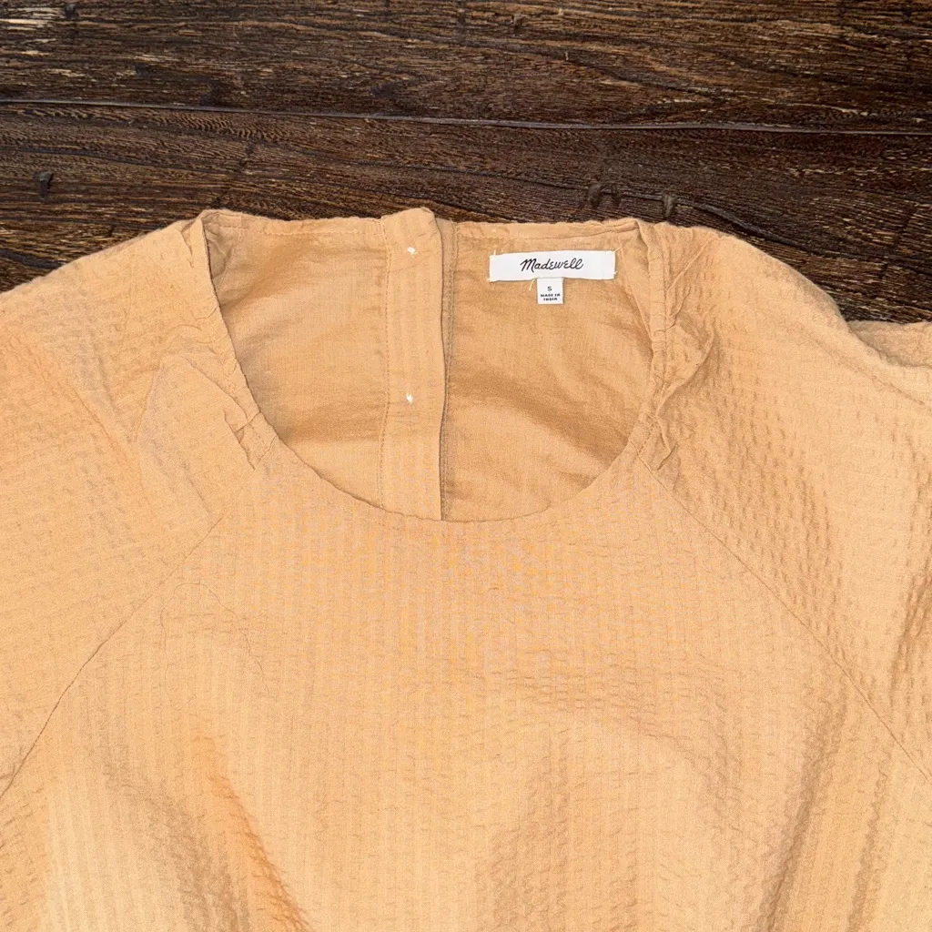 Madewell Seersucker Puff-Sleeve Cutout Mini Dress Seed Khaki Women’s Size Small - Image 9