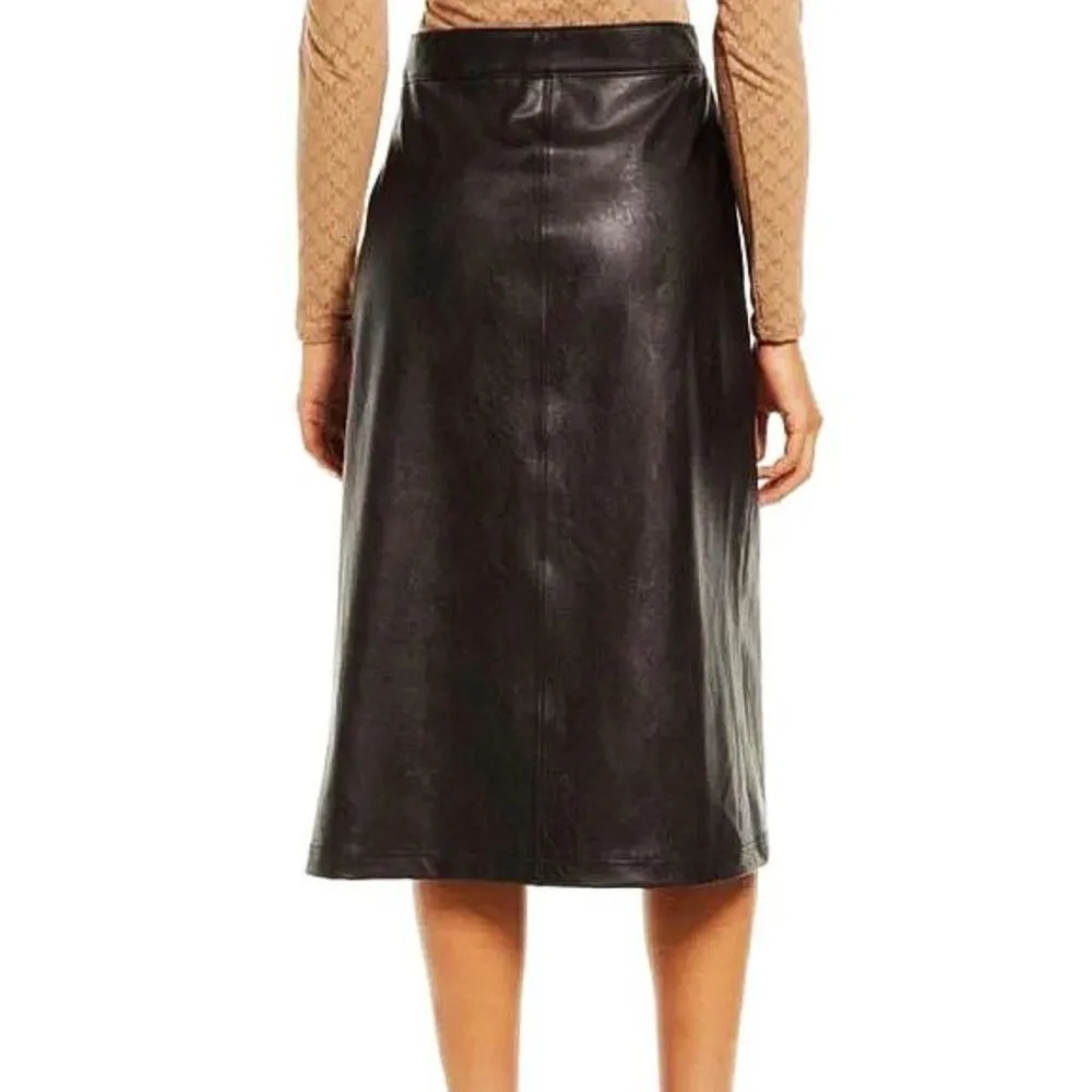 Spanx Leather-Like Midi Skirt Noir A-Line Shiny High-Waist Pencil Mid-Length S - Image 2