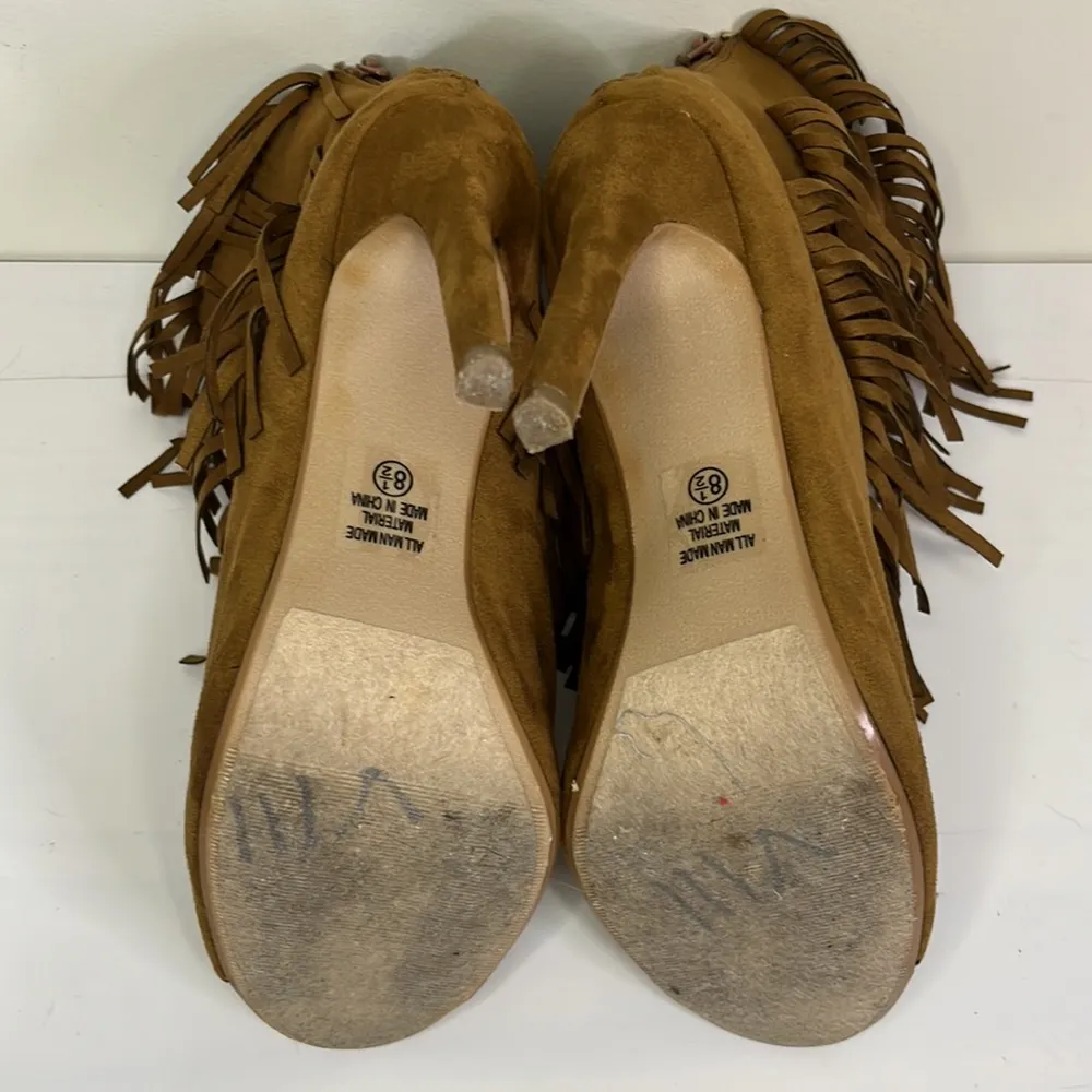 Heart in D Brown Fringe Peep Toe High Heeled Stiletto Bootie Size 8.5 - Image 7