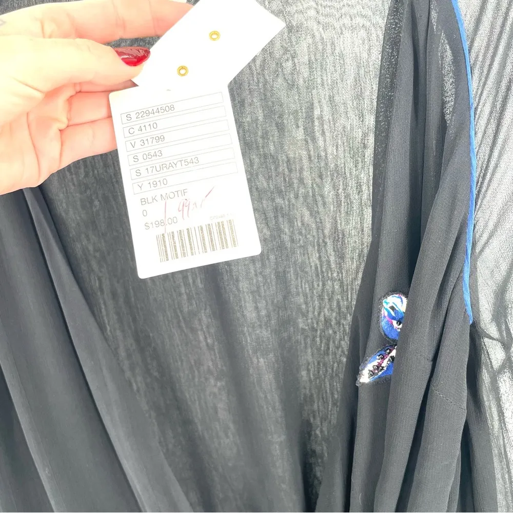 ANTHROPOLOGIE LEIFSDOTTIR NWT $198 Black Floral Sheer Tie Waist Beaded Wrap Top - Image 6